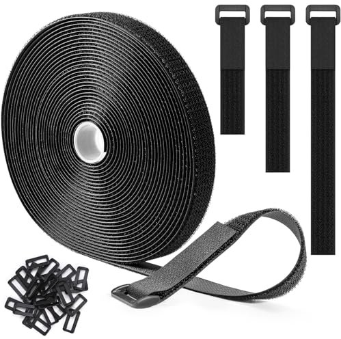 Trilancer Sangles Réutilisables en Scratch 10m x 2.5cm, Attaches de Câble Ajustables avec 50 Boucles, Sangle à Crochet Découpable à la Longueur, pour Gestion des Câbles et Rangement, Noire