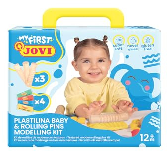 Jovi My First - knete, Modellierset, 38 g, 4 Farben + 3 Holzrollen | glutenfrei, trocknet nicht aus, für Kinder ab 12 Monaten