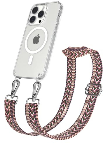EAZY CASE Handykette - Verstellbares Taschenband kompatibel mit iPhone 15 Pro, Schulterriemen, Handykordel mit Silikon Hülle, Qi Charging kompatibel, Umhängetasche, Beere Pink Silber