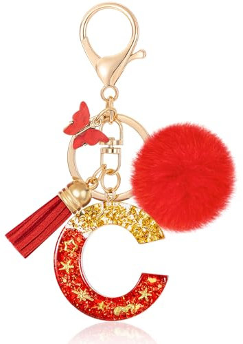 MWOOT Initiale Letter Keychains Porte Clé Lettre C,Alphabet Initial Keyring avec Papillon Pompon Pendentif,Rouge Feuille D'or Key Ring pour Femmes Portefeuilles Sac à Main Bagages Charme(C)