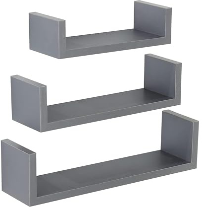 PREMZO Set of 3 U Shaped Floating Wall Shelves MDF Wooden Display Storage Rack Space Saving Wall Mounted Shelving Unit for Bedroom, Living Room, Kitchen, Home Décor Organiser (Grey)