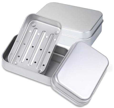 Satiskid 2 STK Seifendose aus Aluminium,Seifendose Reise mit Abnehmbarem Abtropfgestell und Deckel/Rasierseife Box Herren/Festes Shampoo Seifendose (10 * 7 * 3.9cm)
