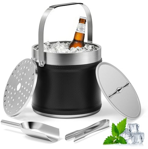 BugyKido 3.2L Eiswürfelbehälter mit Deckel, Eiskübel für die Eiswürfel Aufbewahrung mit Zange, Sieb, Schaufel, Doppelwandiger Eisbehälter Edelstahl Perfekt zum Abkühlen von Bier, Champagner, Früchten