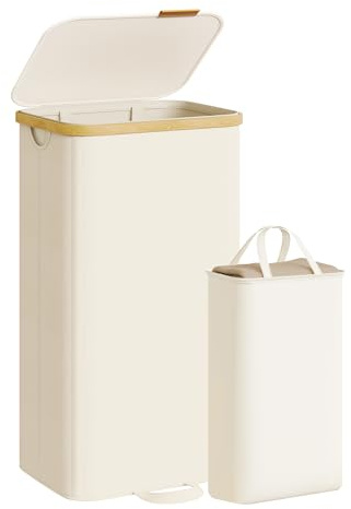 SONGMICS Cesto para la Colada con Tapa, 100 L, Bolsa Interior Extraíble | Cesta para Ropa Sucia, Marco de Bambú, Lavandería Dormitorio, Blanco Crema y Bambú Claro, Colección ROXANNE LCB531WD01