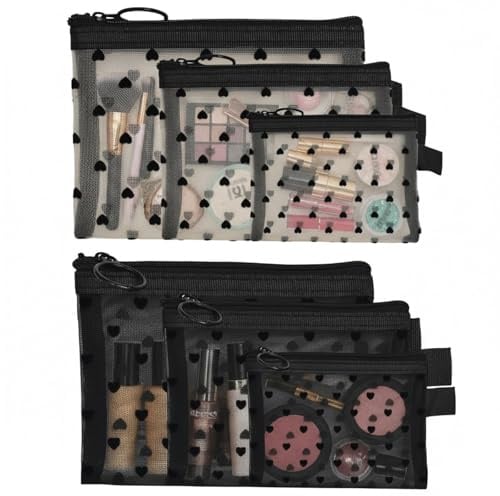 Culinavog 6 Teiliges Kosmetiktasche Klein, Kosmetiktasche Mesh Netz | Kosmetiktaschen Aus Netzgewebe Mit Herz Print, Make-Up-Reißverschluss Taschen für Lippenstift Kopfhörer