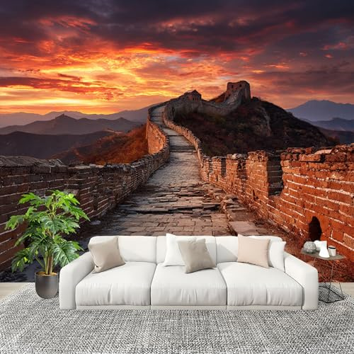 Fototapete 3D Effekt 250x175 cm Die GroßE Mauer Von China Tapete Vlies Geruchlos Atmungsaktiv Wandtattoo Orangerot HD Wanddeko Wandtapete Wandbild Nahtloses Spleißen Panoramatapete