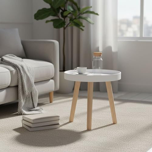 INDE MOBLEKIT | Mesita Auxiliar Madera Blanca 35 cm con 3 Patas, Mesa Redonda para Salón o Dormitorio, Mesita Decorativa Estilo Nórdico para Hogar Moderno