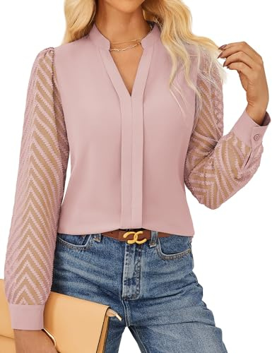 GRACE KARIN Femme Business Élégant V-Coupe Hauts Dentelle Manches Transparentes Bureau Blouse