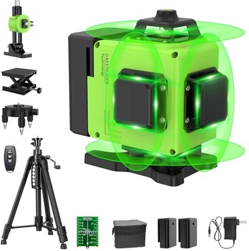 Nivel Láser 4D Verde 360° Autonivelante – Láser de Líneas Cruzadas 16 Líneas con Trípode, 2 x 2400 mAh Baterías, IP54 Impermeable – Kit Completo para Suelos y Techos