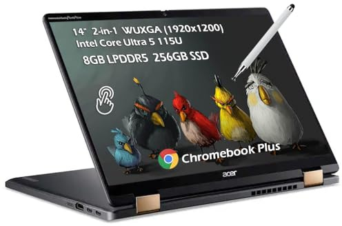 Acer Chromebook Plus Spin 714 2-in-1 Laptop with Google AI – 14 Full HD IPS Touch | Intel Core Ultra 5 115U | 8GB LPDDR5 256GB SSD | Wi-Fi6E Backlit KB Chrome OS Steel Gray | w/Stylus Pen, W/GaLiMu