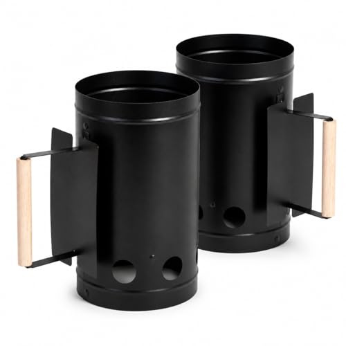 MIO TECK - 2 Accendifuoco Carbone Ciminiera - Accenditore Barbecue Metallo Nero - Starter Carbone BBQ - Ø16cm x 27cm - Manico Legno, Senza Liquidi Infiammabili - Grill Carbonella Campeggio