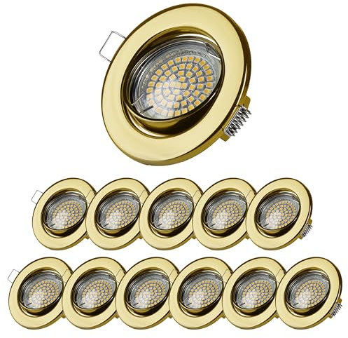 Sweet Led 12 Stück - LED Einbaustrahler 230V Set inkl. GU10 3W Einbauspots 3000K - Lochmaß 68mm - Deckenspots schwenkbar (Rund - Goldfarben - Warmweiß)
