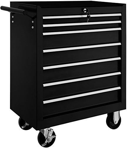 tectake Werkzeugwagen, Werkstattwagen, rollende Werkstatt, Werkzeugwagen leer, Werkzeugbox, 7 Schubfächer, 69 x 33 x 79 cm, Rollen mit Bremsen, inkl. 2 Schlüssel - schwarz
