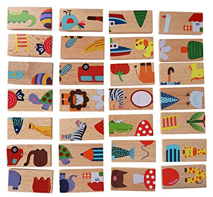 28 Stücke Gebäude Domino Blöcke Set Tier Farbige Holzpuzzle Frühe Pädagogische Spielzeug für Kinder