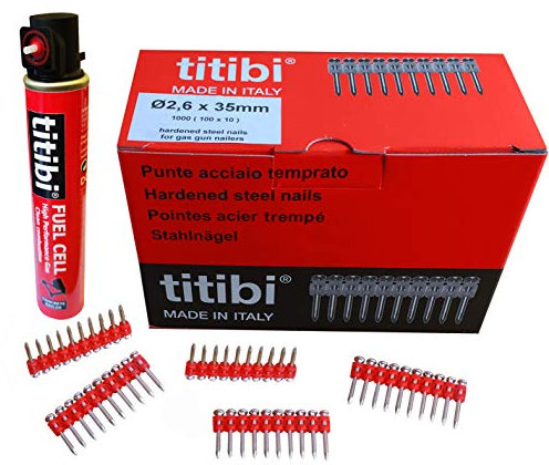 1000 Nägel + Gasflasche für Nagelmaschinen: Titibi Prima, Spit Pulsa 1000 – Hitachi – Bea – Senco – andere (Dose P900: 152 mm, 40 g, 70 ml, Nagel: Ø2,6 x 40 mm)