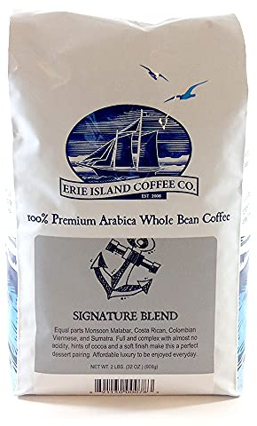Erie Island Coffee, Whole Bean Signature Blend, Medium Roast, 2 LB. Bag, Flavorful Blend of Monsoon Malabar, Costa Rican, Columbian, Viennese, and Sumatra