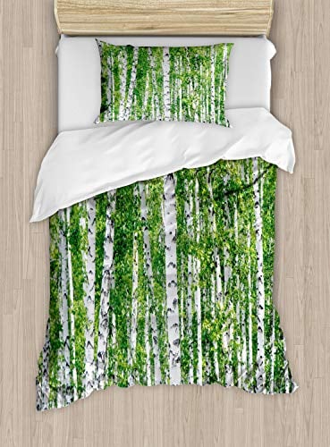 ABAKUHAUS Birke Bettbezugs Set für Einzelbetten, Frische Sommer-Blätter, Milbensicher Allergiker geeignet mit Kissenbezug, 130 x 200 cm, Grün Schwarz