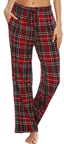 Vlazom Pantalon de Pyjama Femme Bas de Pyjama Femmes à Carreaux Pantalon de Nuit avec Poches,Vin Rouge,M