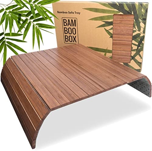 BAM BOO BOX Sofatablett aus Bambus - Couch Tablett flexibel - Sofatablett Armlehne - Sofa Tablett Holz - Sofa Tablett Armlehne - Armlehnen Tablett - Tablett für Sofa und Couch - Braun