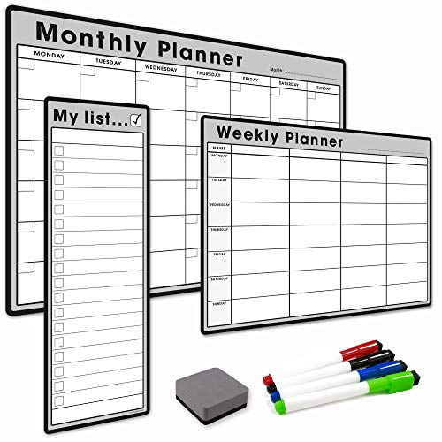 The Magnet Shop #1 Magnetic Whiteboard Planner Pack/Custom Dry Erase Set - Weekly Planner, My List, Monthly Calendar, 4 Dry Wipe Marker Pens, Eraser (Grey, Bundle 1)