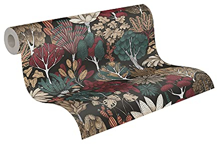 Architects Paper Dschungeltapete Floral Impression Tapete natürlich PVC-freie Vliestapete schwarz grün rot beige braun matt glatt 377576 37757-6, 10.05 m x 0.53 m