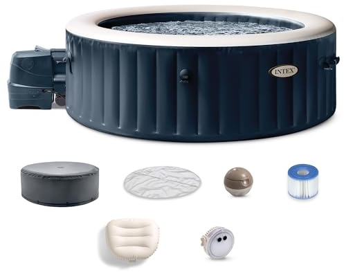 INTEX 28429EP PureSpa Plus Bubble Massage Spa Set: Inflatable Hot Tub Includes – 2 Contoured Headrest – LED Light – 4 Person Capacity – 77 x 28