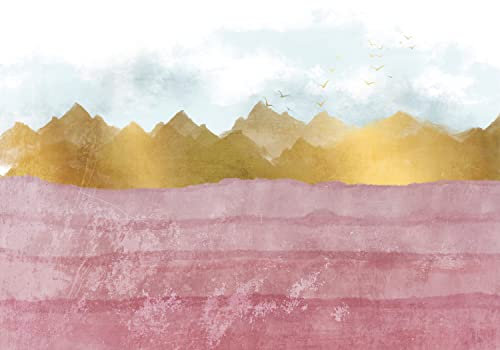 decomonkey Fototapete Abstrakt Landschaft Natur 350x256 cm XXL Design Tapete Fototapeten Vlies Tapeten Wandtapete Moderne Wand Schlafzimmer Wohnzimmer Berge Meer Himmel Vögel Rosa
