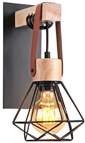 iDEGU Wandlampe Innen Vintage Wandleuchte im Industrial Design aus Holz und Eisen 1-flammig Retro Lampe mit Käfig Schwarz Einstellbare Hängelampe für Wohnzimmer Schlafzimmer Küche Flur (1 Stück)