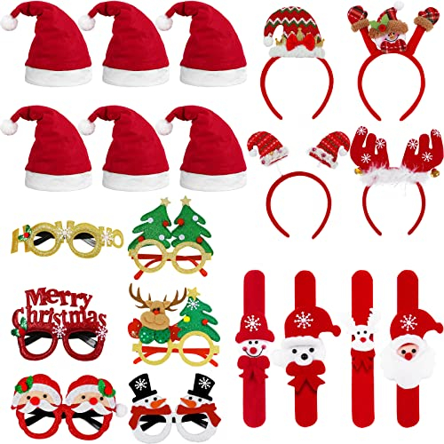 OPUHOHR 20PCS Weihnachten Brille Stirnband Weihnachtsmützen und Weihnachten Slap Bänder Set, Lustig Haarschmuck Weihnachten Geeignet für Erwachsene und Kinder Weihnachtsfeier, Maskerade, Karneval