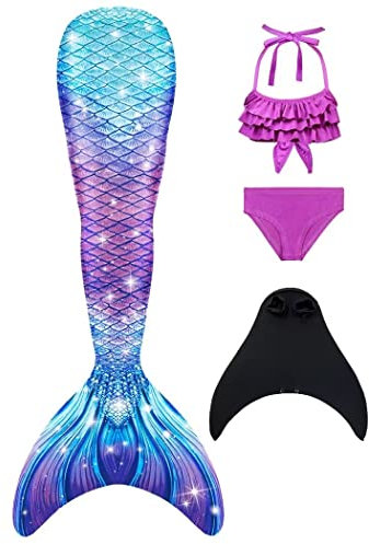 DNFUN Meerjungfrauenflosse Mädchen mit Bikini und Monoflosse zum Schwimmen Kinder Meerjungfrau Flosse