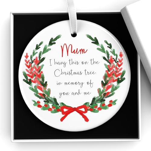 Personalised Memorial Christmas Wreath Bauble Tree Decoration, Remember A Loved One At Christmas, Memory of You and Me Mum Dad, Ceramic Ornament With Gift Box