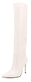 QUEEN HELENA Stivali Alti a Punta con Tacco a Spillo Semplici Casual Donna K2070 (Beige Pu, Numeric_38)