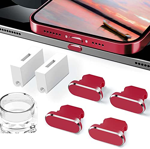 Fanoshon 4 Pack Dust Plugs Red Charging Port Protectors Covers Compatible with iPhone 14 13 12 11 Plus Pro Max iPad Airpods, Dust & Water Resistant, Wireless Charger & Phone Case Friendly, Anti Lost