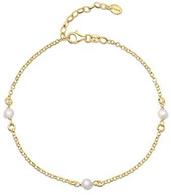 Amberta Damen Fusskette aus 925 Sterling Silber mit Perle: 4-5 mm Perlenkette - Vergoldet 25 cm