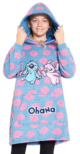 Disney Hoodie Decke Mädchen, Kuscheldecke mit Ärmeln, Fleece Kapuzenpullover, Hoodie Mädchen Geschenke (Blau Stitch/Angel)