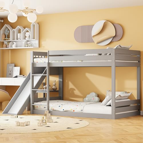 FEZTOY Kinderbett 90x200 mit Lattenrost, Rutsche und Regal, Etagenbett aus Kiefernholz mit Leiter und Rausfallschutz Bettgestell, mit 1 lattenrost ohne Matratze (Grau-Rutsche)