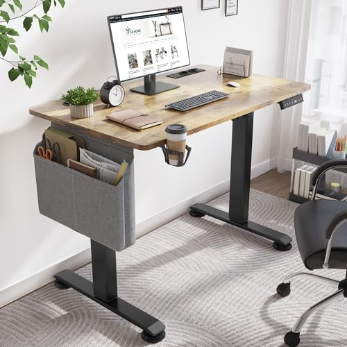 YITAHOME Elektrisch Höhenverstellbarer Schreibtisch mit 2 USB-Anschlüssen, Steckdosen, 100x60x(72-120) cm, mit Spleißbrett, Memory-Handsteuerung, Sitz-Stehpult 360°Rollen Schreibtisch, Vintage-Braun