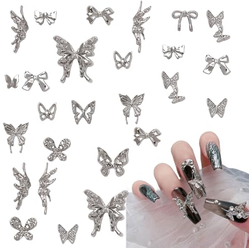 OTKARXUS 3D Butterfly Nail Charms,150PCS Silver Butterfly Wing Bowknot Bow Nail Gems,Metal Alloy Cute Nail Art Decorations Supplies for Women Girls Manicure Design DIY Crafts (A Silver)