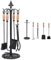 GiantexUK 5-Piece Fireplace Companion Set, Wrought Iron Fire Place Tools Set with Stand, Tong, Shovel, Brush & Poker, Fireside Wood Burner Coal Stove Accessories (Natural + Black, 4 Hooks, Round Base)