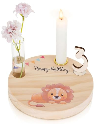 Geburtstagsteller Holz Für Kinder Geburtstag Geschenk: Romadedi Personalisiert Geburtstagsdeko Mit Gravur Mit Kerzenhalter、Vase & Zahlen 0-9 Für Geschenke Zum 1 Geburtstag Junge Mädchen,16.5 * 2cm