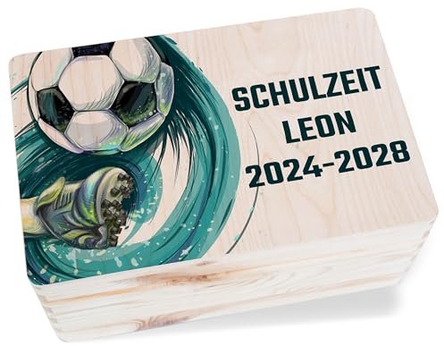 Holzkiste - Schulzeit Erinnerungsbox Jungen Fußball | Einschulung Geschenk Schulanfang - 30 x 20 x 14 - Holz - Box Einschulung kiste 1. schuljahr schulanfänger zur geschenkbox zum