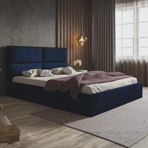 MOTIVENA Livi Polsterbett 180x200 Blau, Polsterbett 180x200 Samt, Polsterbett 180x200 mit Bettkasten, Polsterbett 180x200 mit Stauraum, mit Lattenrost, mit Kopfteil, ohne Matratze, Dunkelblau