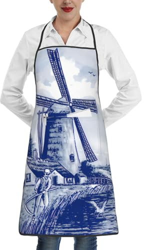 FJQWKLF Blue Nederland Süße Vintage Holländische Windmühle Delft Schürzen für Frauen Männer Wasserdichte Schürze Küche Koch Kochen Grillen, Weiß