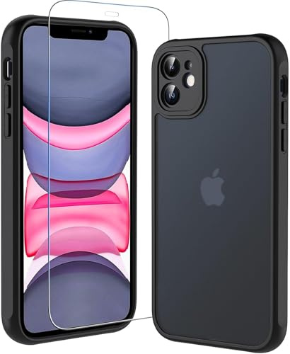Cum2giff Matt Hülle für iPhone 11 mit HD Schutzfolie Glas, [Militärschutz] Schutzhülle Anti-Kratzen Anti-Fingerabdruck Durchscheinende Rückseite Schutzhülle für iPhone 11 (Schwarz)