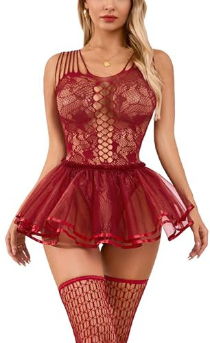RSLOVE - Conjunto de lencería para mujer, con ropa sexy, camisón de malla y medias de rejilla, rojo vino, L