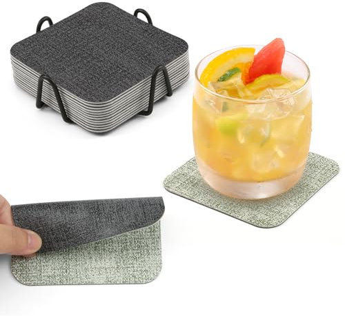 Chitomars Lot de 12 Dessous de Verres avec Support, Double Face Lavable sous Verres Simili Cuir Antidérapant Originaux Dessous de Verres pour Café, Boissons, Bière Tasses (Gris Vert, Lot de 12)