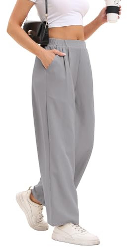 DGSHIRLDJO Pantalon Femme été Décontracté Pantalon en Tissu Droit Taille Haute Lounge Pantalons d'affaires élégant avec Poches(L,Gris