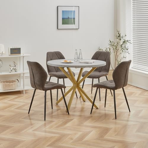DEYARNA HOME Essgruppe Set Tisch und Stühle, 100cm Runder Esstisch und 4 Leinen-Esszimmerstühle, 4 Stühle & Tisch für Küche, Esszimmer und Wohnzimmer (Schwarz-LX, 100 * 100 * 76.5cm (Grau/Gold))