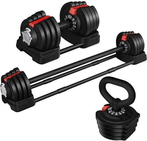 Yaheetech Adjustable Dumbbell Set 3 in 1 Dumbbell Weight Set 36KG Adjustable Weights Barbell Kettlebell Free Weights for Men/Women, Home Gym Strength Training Equipment