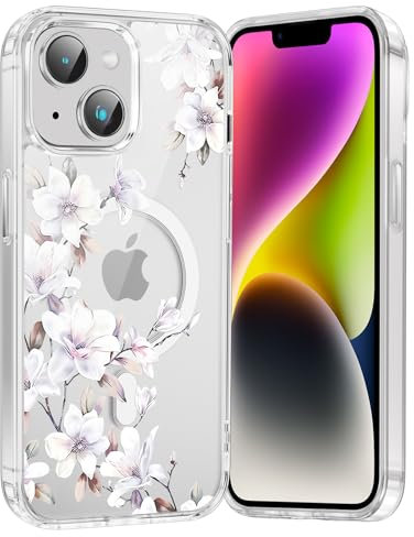 Saqmkil Handyhülle Magnetische für iPhone 14/iPhone 13 6,1 Hülle,Kompatibel mit MagSafe, Durchsichtig Aesthetic Muster Blumen Mädchen Case, Transparent Weich Silikon TPU Stoßfeste Schutzhülle, 05